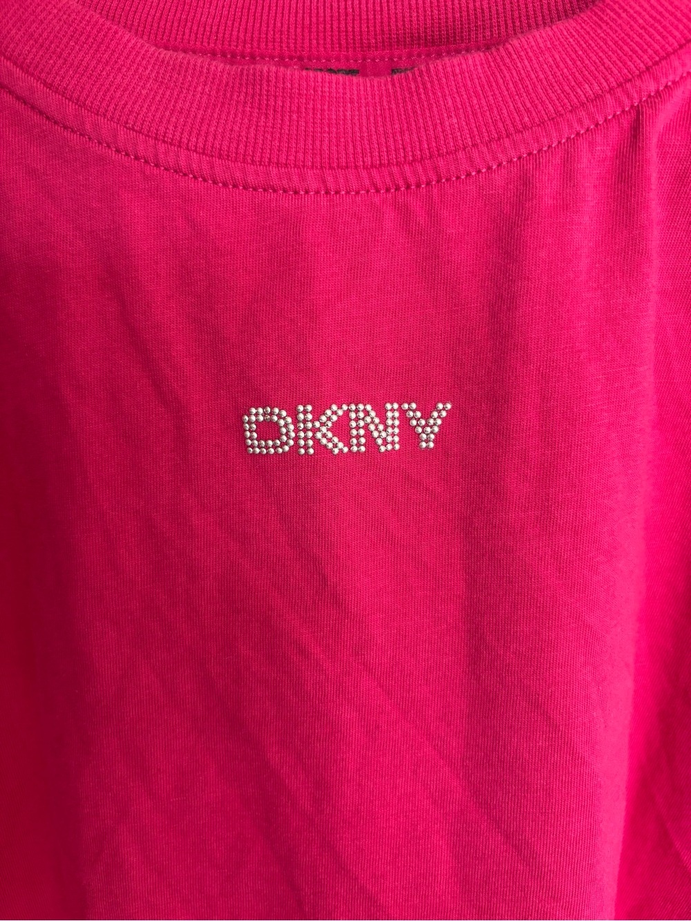 DKNY Y2K McBling Hot Pink Rhinestone Baby Tee Barbiecore Cotton Top Size M